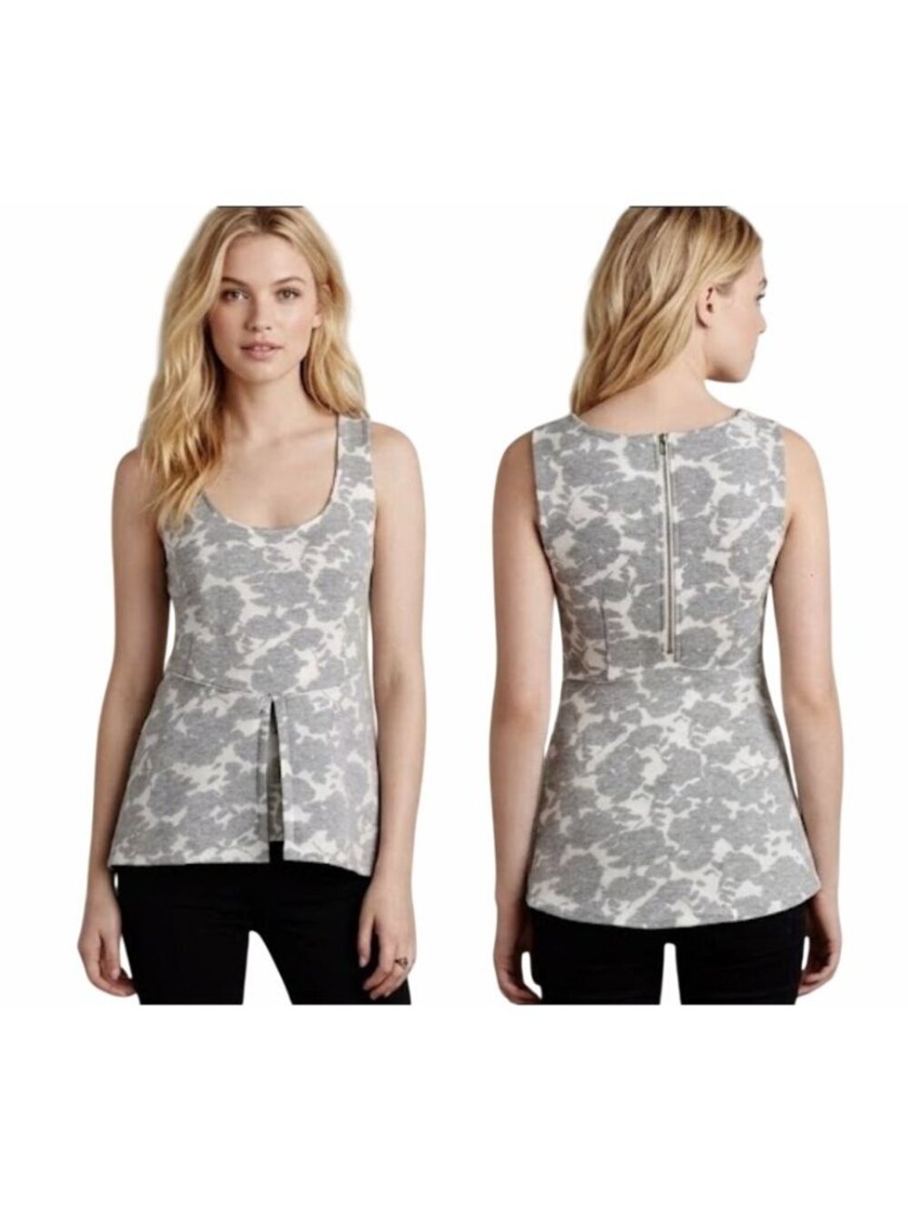Anthropologie Womens Sz S Gray White Floral Peplum Tank Top Front Split Back Zip